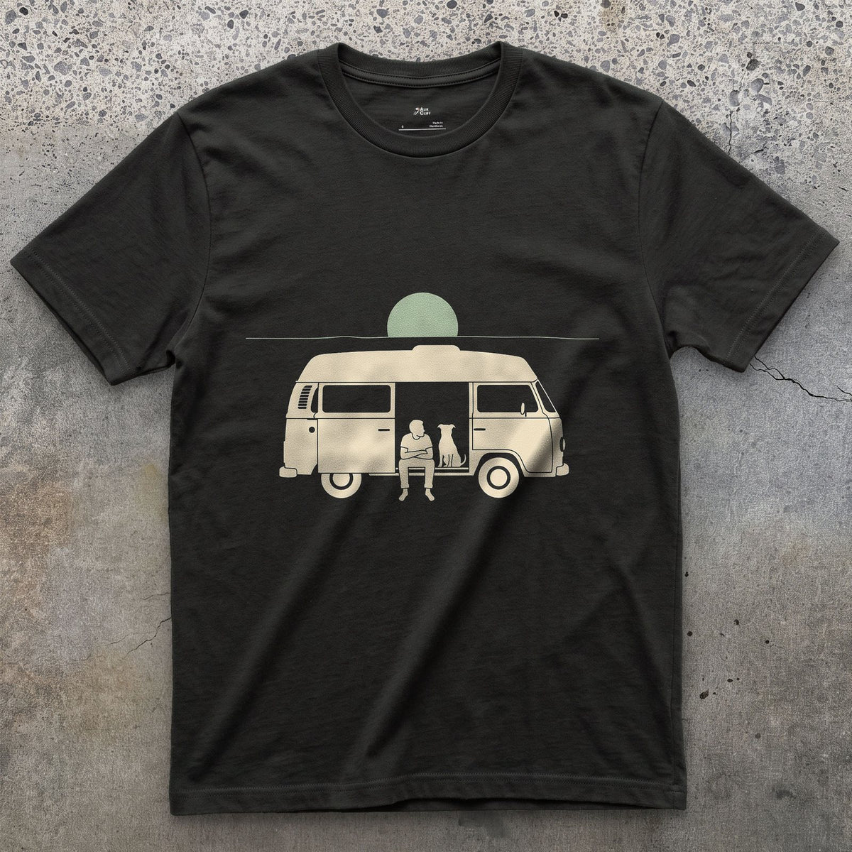 Person, Dog and a Full Moon Through the Camper Door design on a Black Gildan Softstyle t-shirt