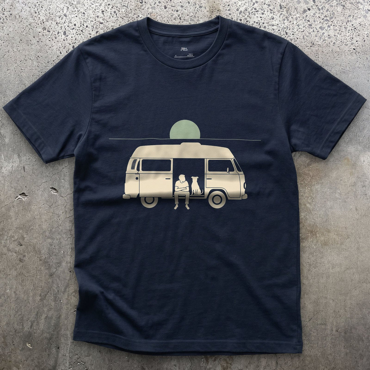 Person, Dog and a Full Moon Through the Camper Door design on a Navy Gildan Softstyle t-shirt
