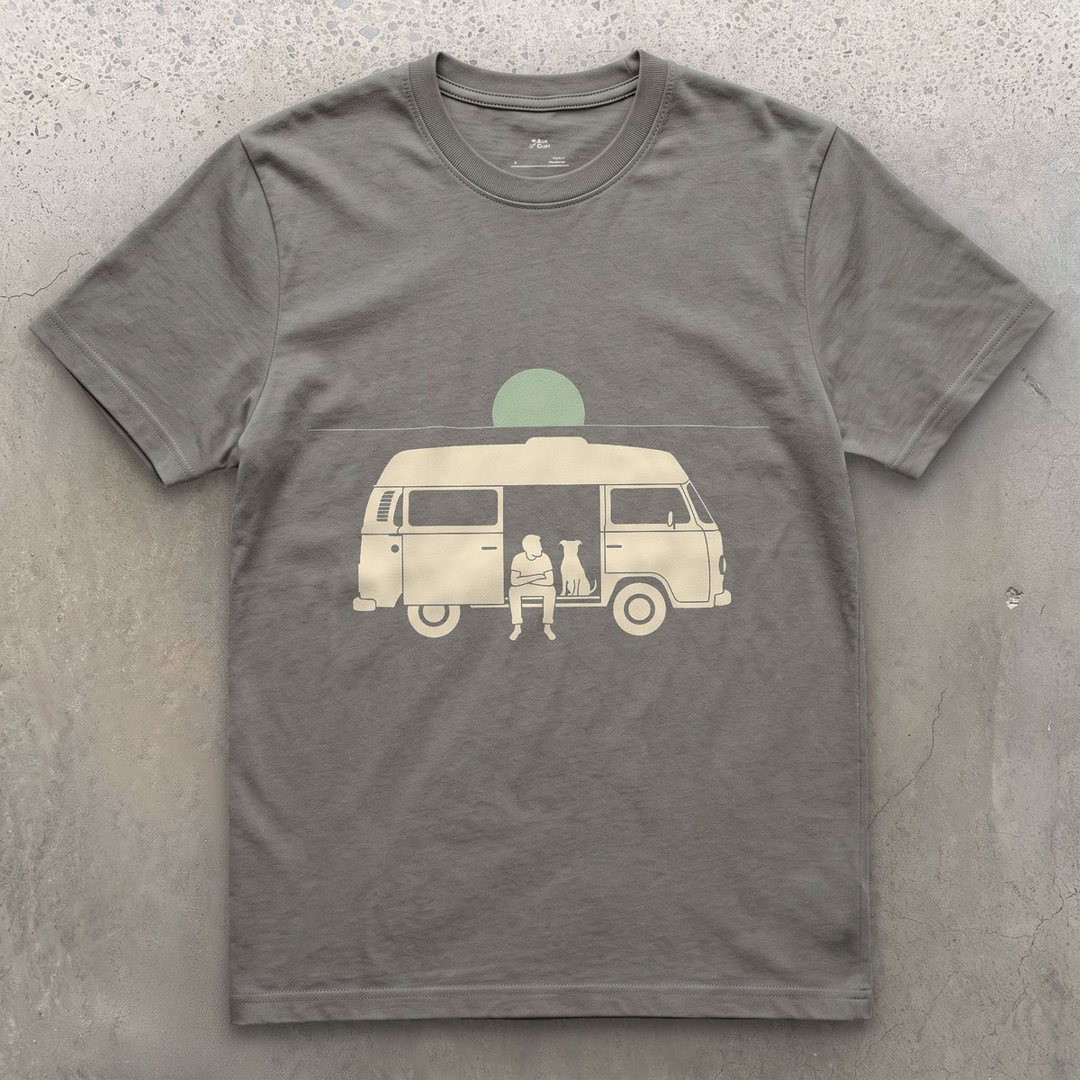 Person, Dog and a Full Moon Through the Camper Door design on a Charcoal Gildan Softstyle t-shirt