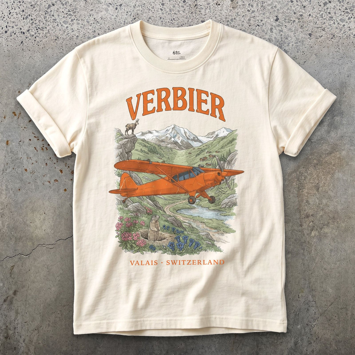 Verbier Bush Plane design on a Natural Gildan Softstyle t-shirt