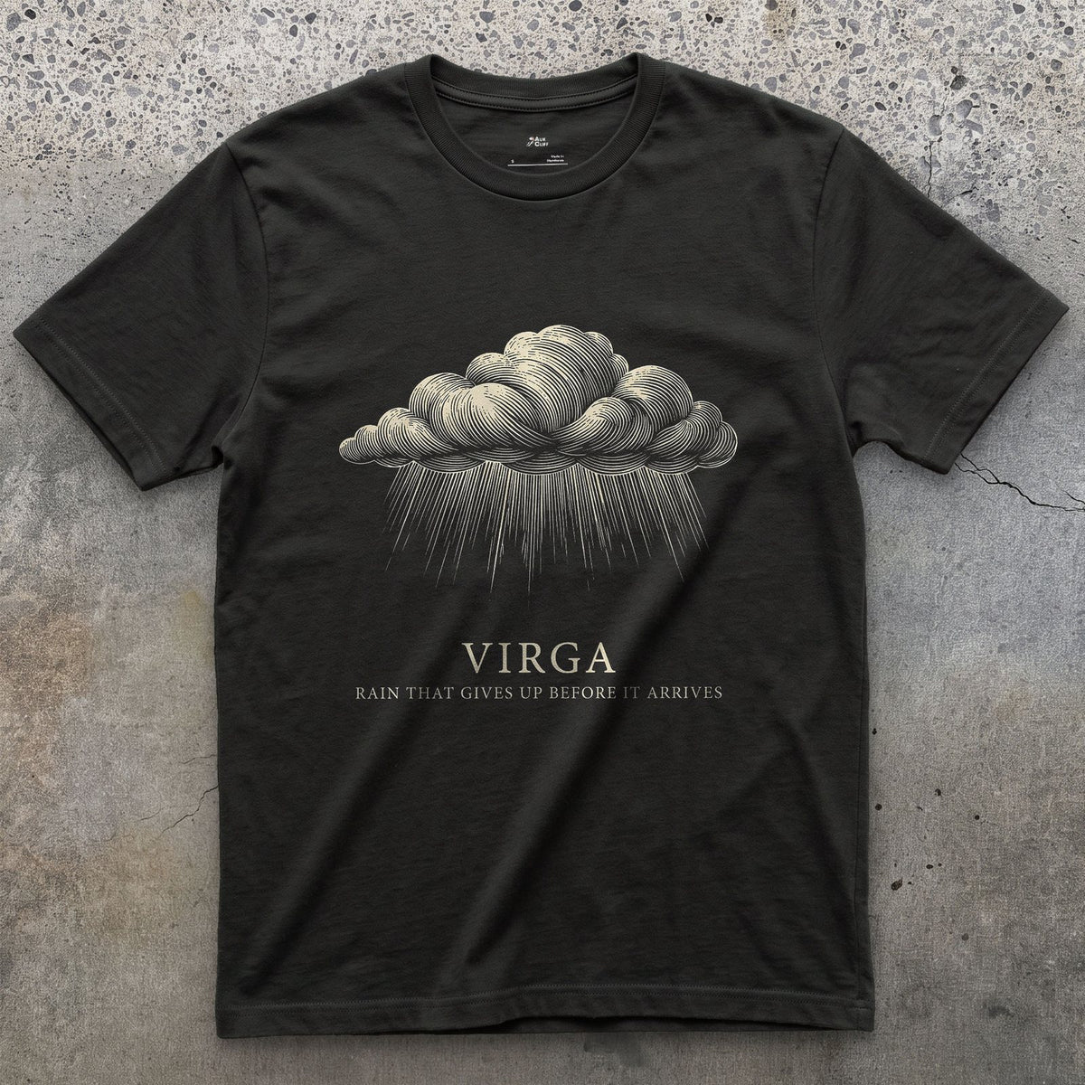 Virga, Rain That Gives Up Before it Arrives design on a Black Gildan Softstyle t-shirt