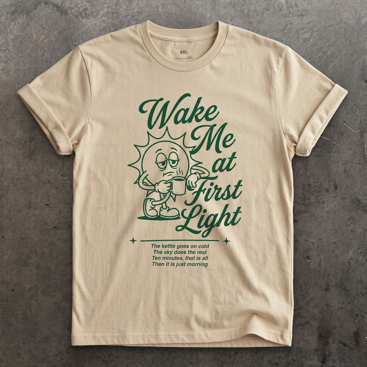 Wake Me at First Light, Camp Coffee design on a Sand Gildan Softstyle t-shirt