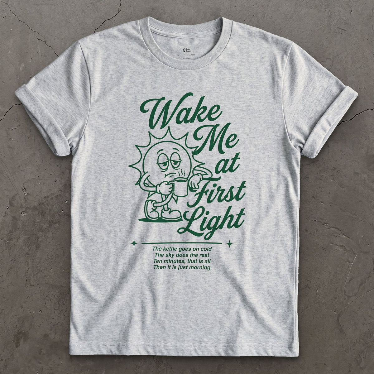 Wake Me at First Light, Camp Coffee design on a Sport Grey Gildan Softstyle t-shirt
