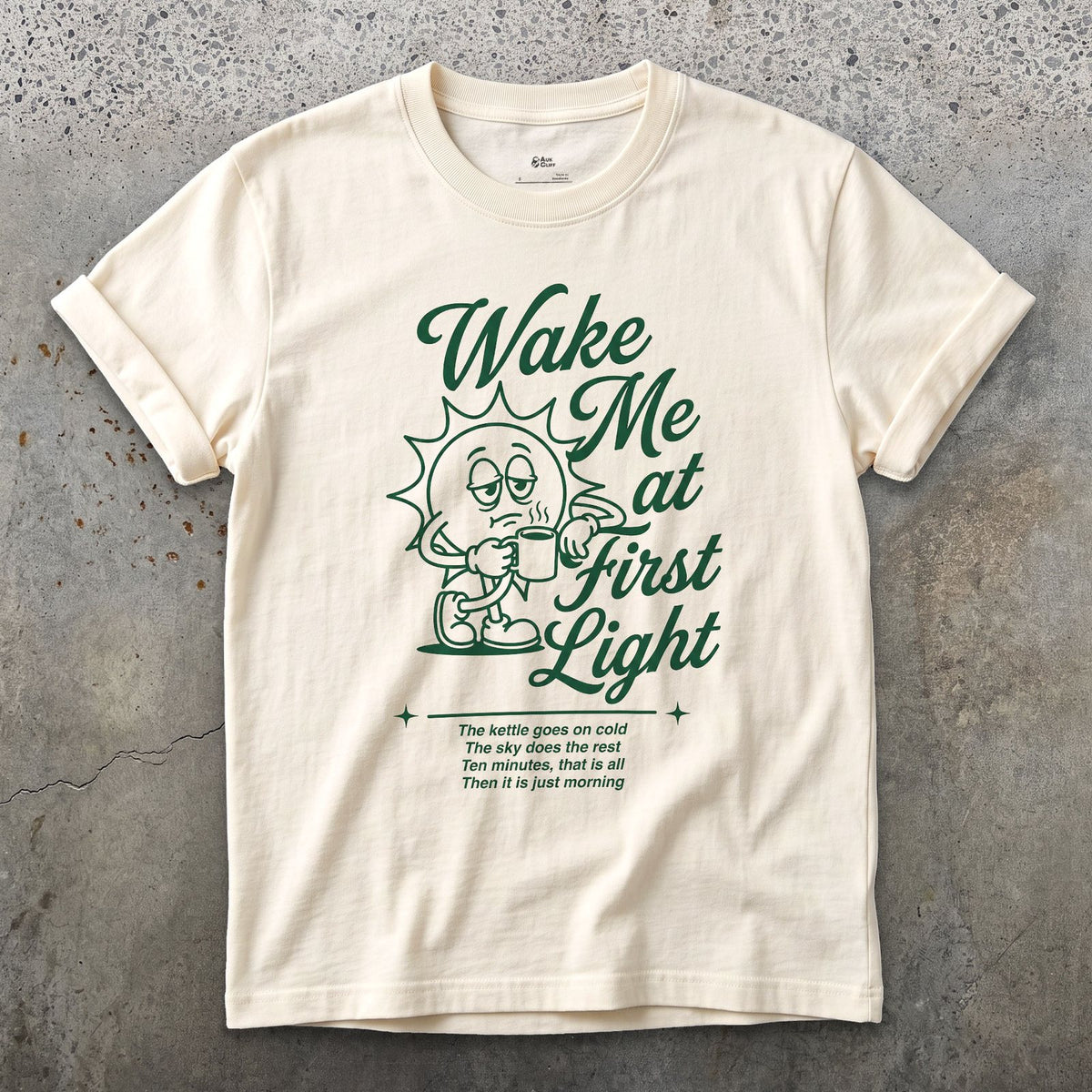 Wake Me at First Light, Camp Coffee design on a Natural Gildan Softstyle t-shirt