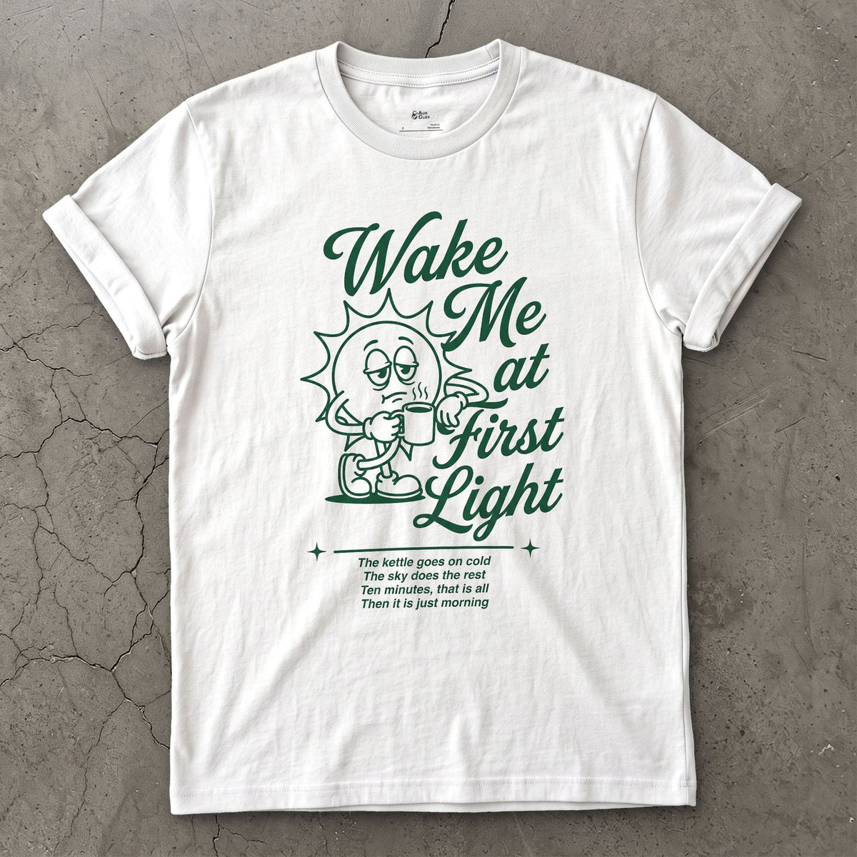 Wake Me at First Light, Camp Coffee design on a White Gildan Softstyle t-shirt