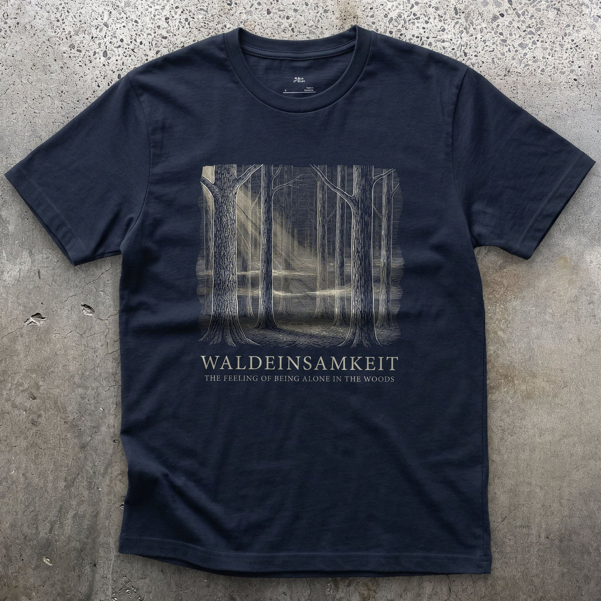 Waldeinsamkeit, the Feeling of Being Alone in the Woods design on a Navy Gildan Softstyle t-shirt