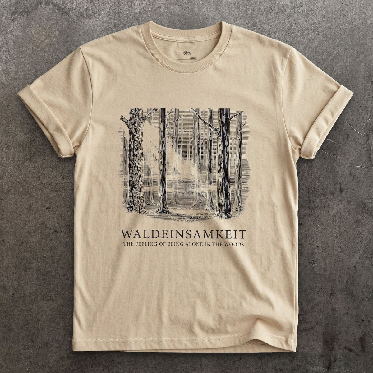 Waldeinsamkeit, the Feeling of Being Alone in the Woods design on a Sand Gildan Softstyle t-shirt