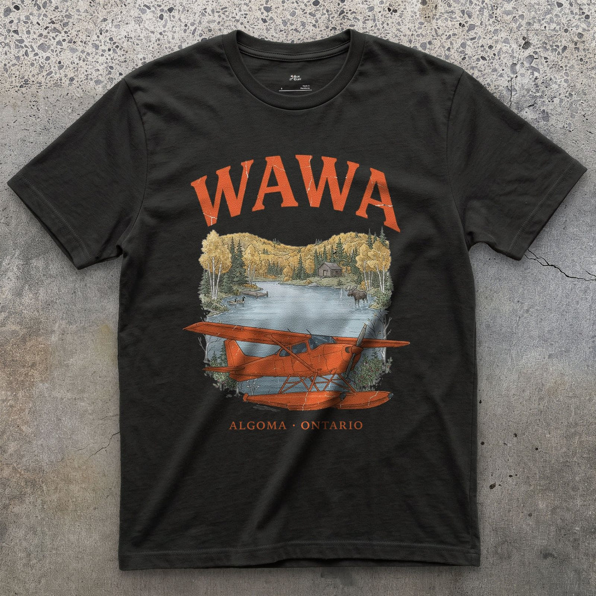 Wawa Bush Plane design on a Black Gildan Softstyle t-shirt