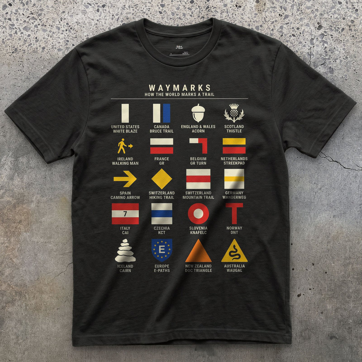 Waymarks From White Blaze to Wanderweg design on a Black Gildan Softstyle t-shirt
