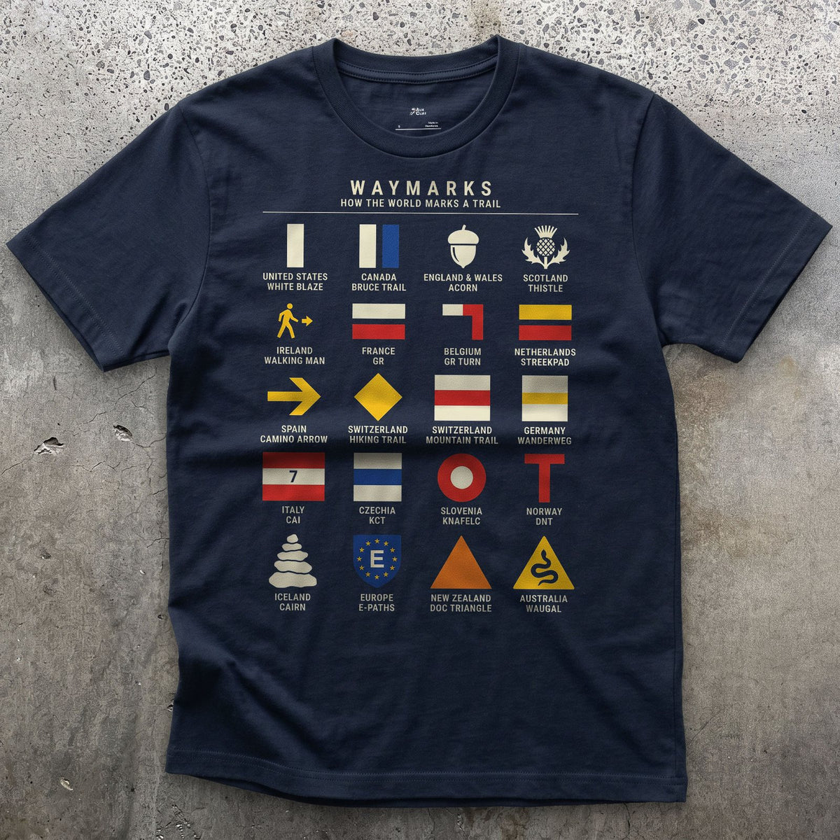 Waymarks From White Blaze to Wanderweg design on a Navy Gildan Softstyle t-shirt