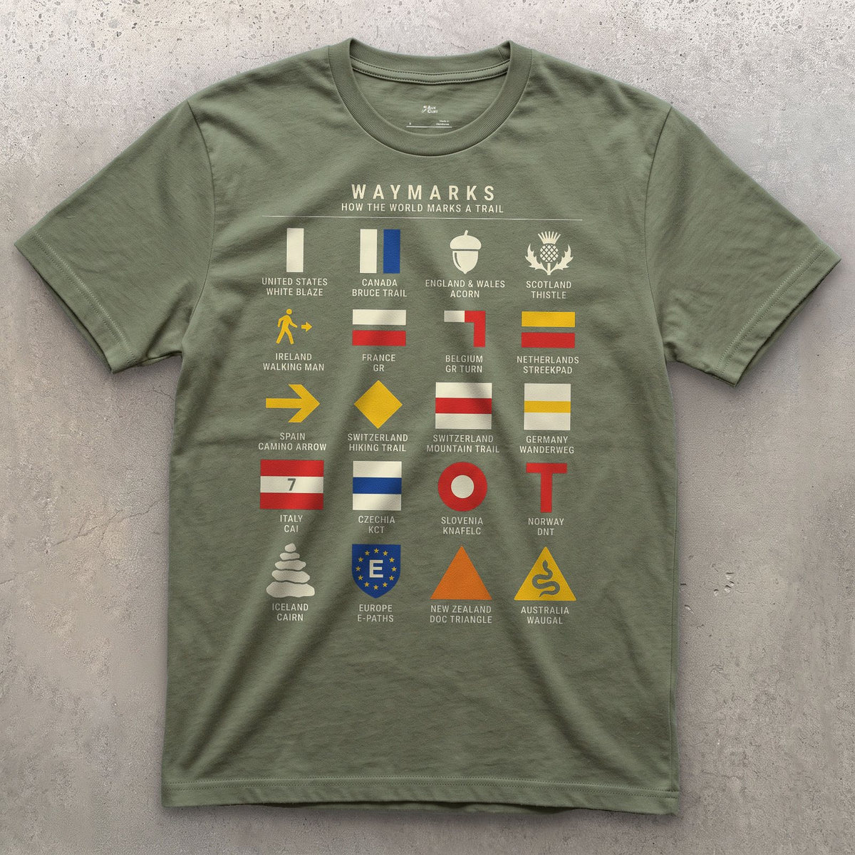Waymarks From White Blaze to Wanderweg design on a Military Green Gildan Softstyle t-shirt