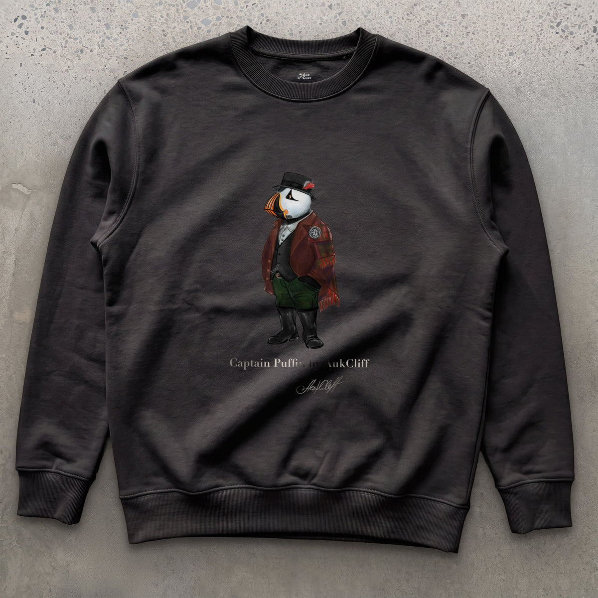 Captain Puffin Welsh Heritage on a Black Cotton Heritage sweatshirt