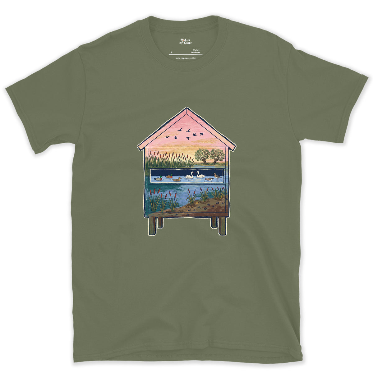 What the Hide Looks Out On design on a Military Green Gildan Softstyle t-shirt