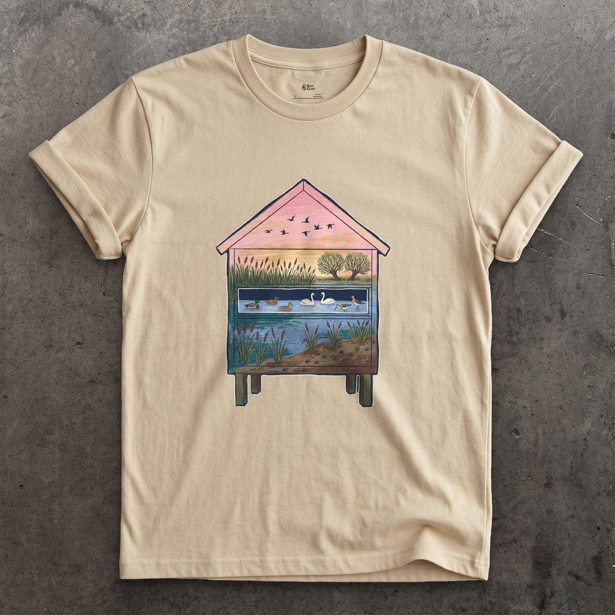 What the Hide Looks Out On design on a Sand Gildan Softstyle t-shirt