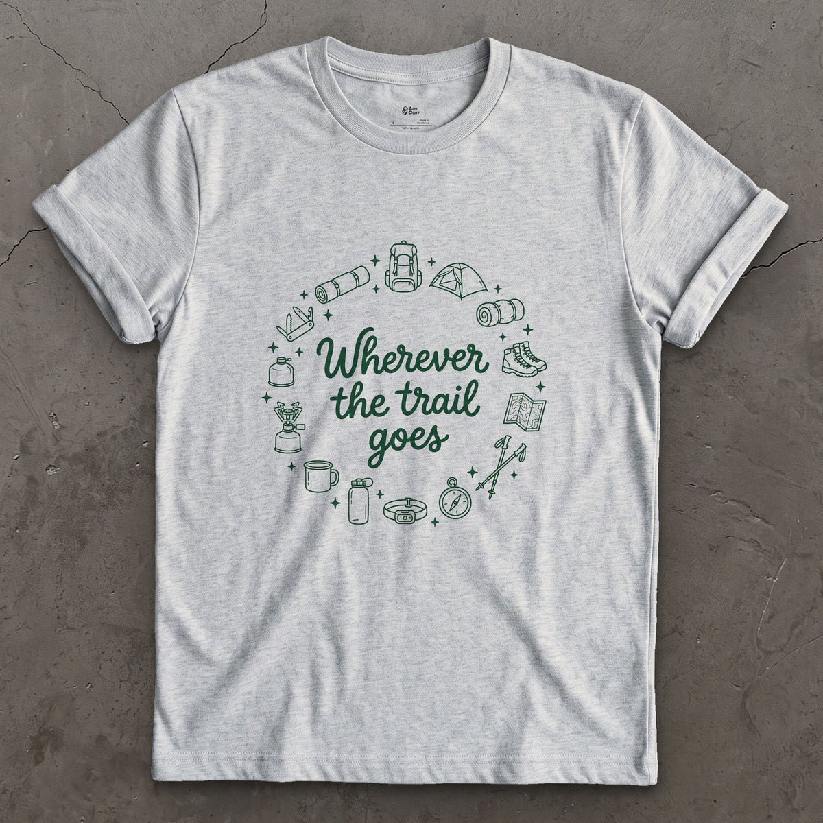 Wherever the Trail Goes design on a Sport Grey Gildan Softstyle t-shirt