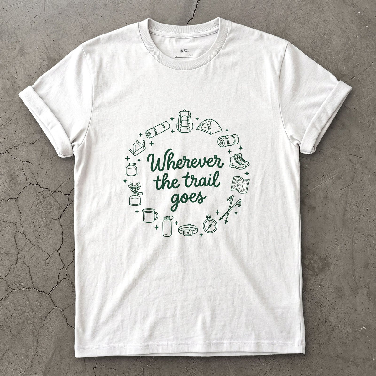 Wherever the Trail Goes design on a White Gildan Softstyle t-shirt
