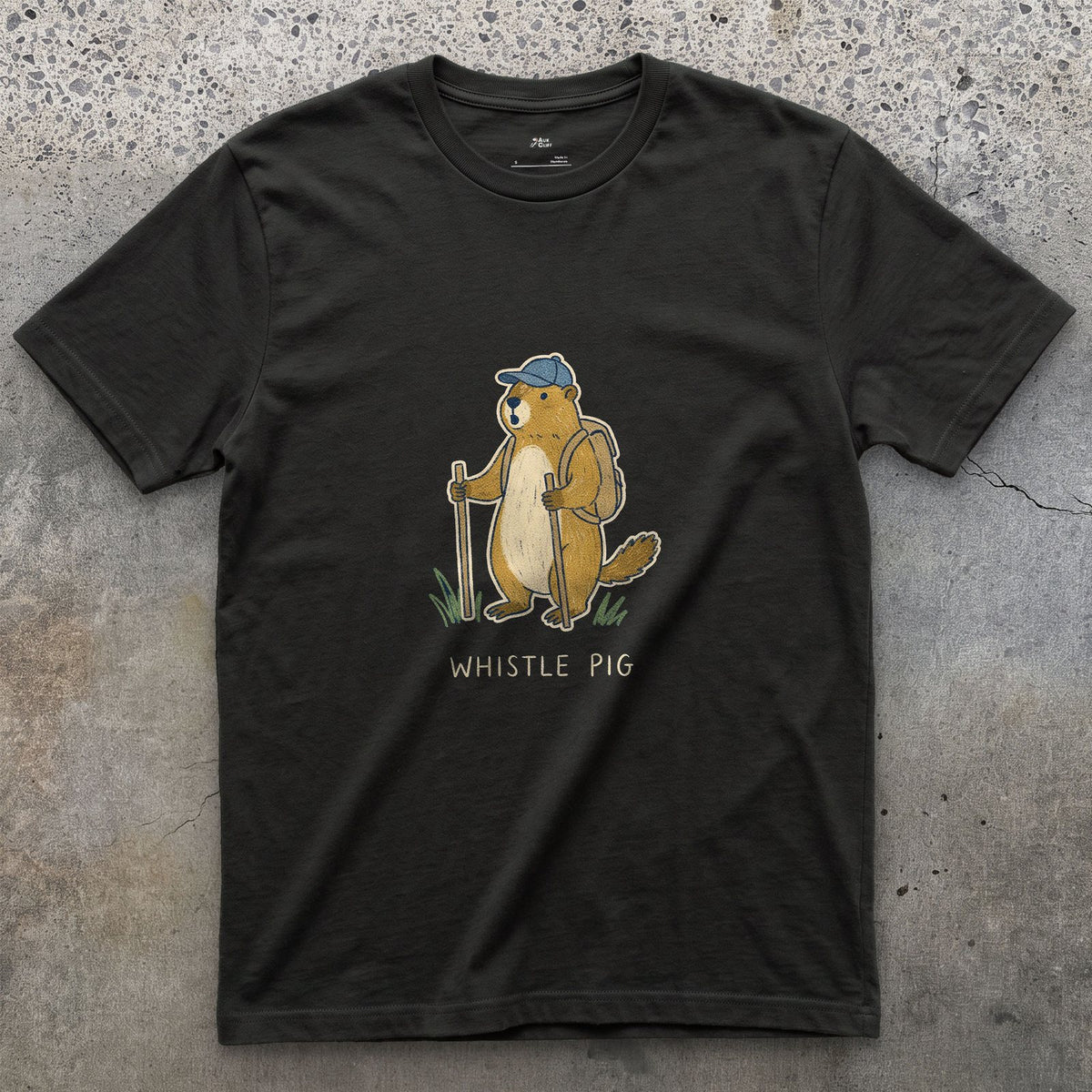 Whistle Pig, Marmot Hiker design on a Black Gildan Softstyle t-shirt