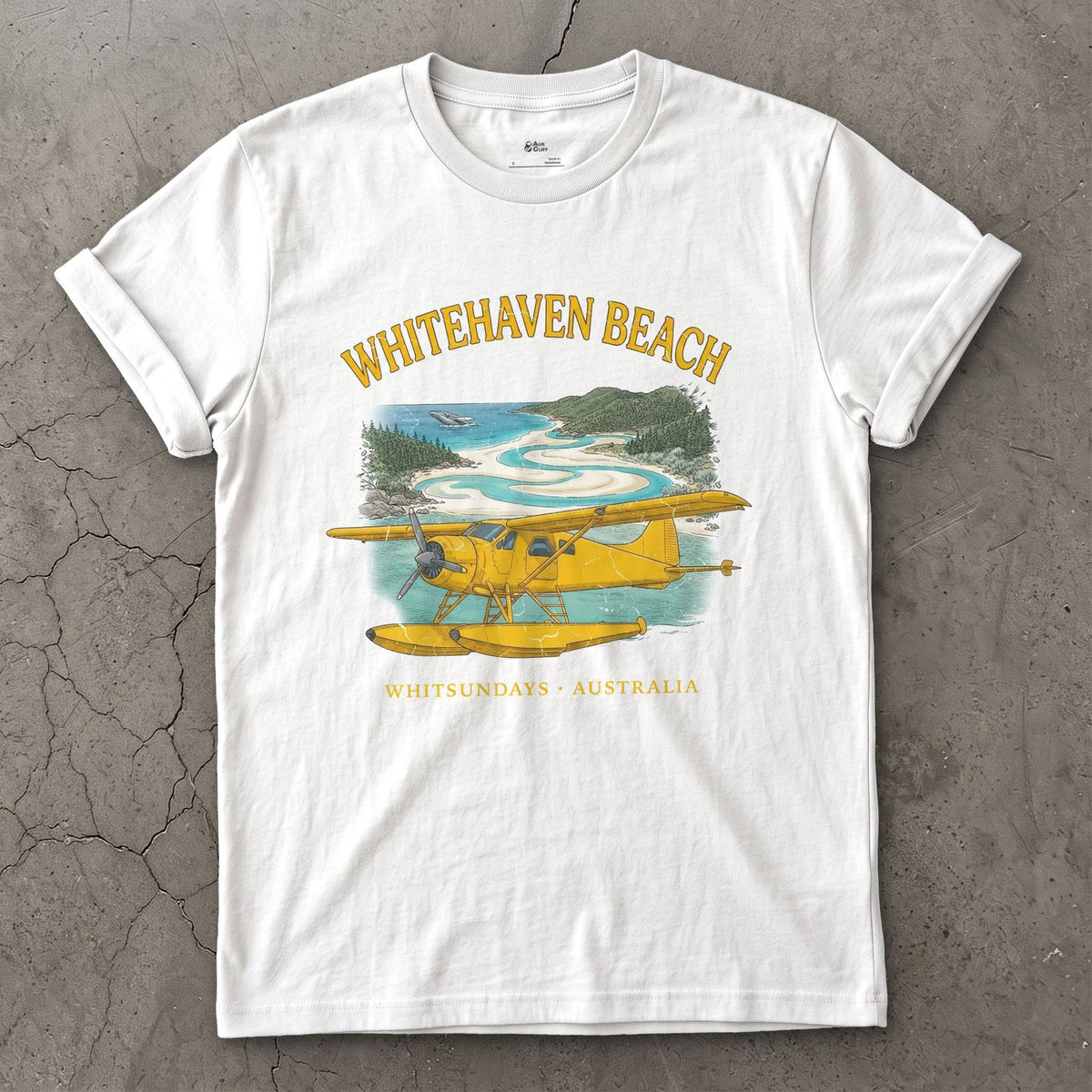 Whitehaven Beach Bush Plane design on a White Gildan Softstyle t-shirt