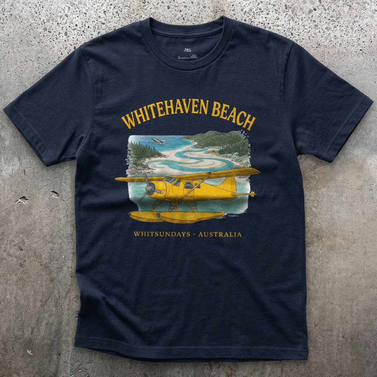Whitehaven Beach Bush Plane design on a Navy Gildan Softstyle t-shirt