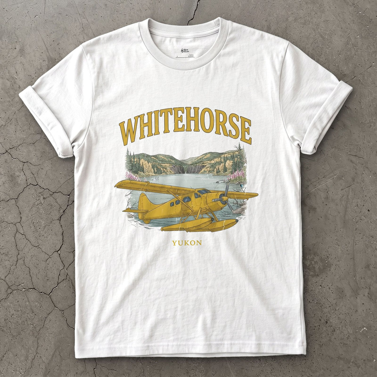 Whitehorse Bush Plane design on a White Gildan Softstyle t-shirt