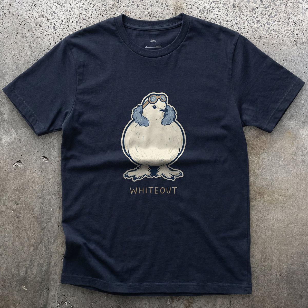 Whiteout at Altitude, Ptarmigan in Ski Goggles design on a Navy Gildan Softstyle t-shirt