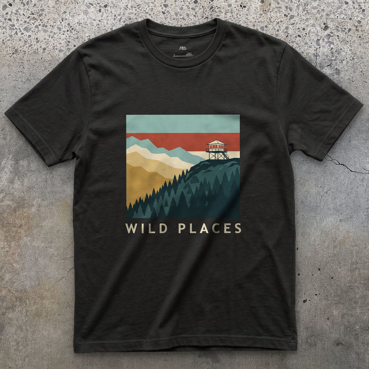 Wild Places, Fire Lookout on the Ridge design on a Black Gildan Softstyle t-shirt