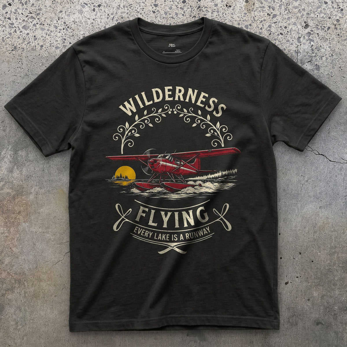 Wilderness Flying, Every Lake design on a Black Gildan Softstyle t-shirt