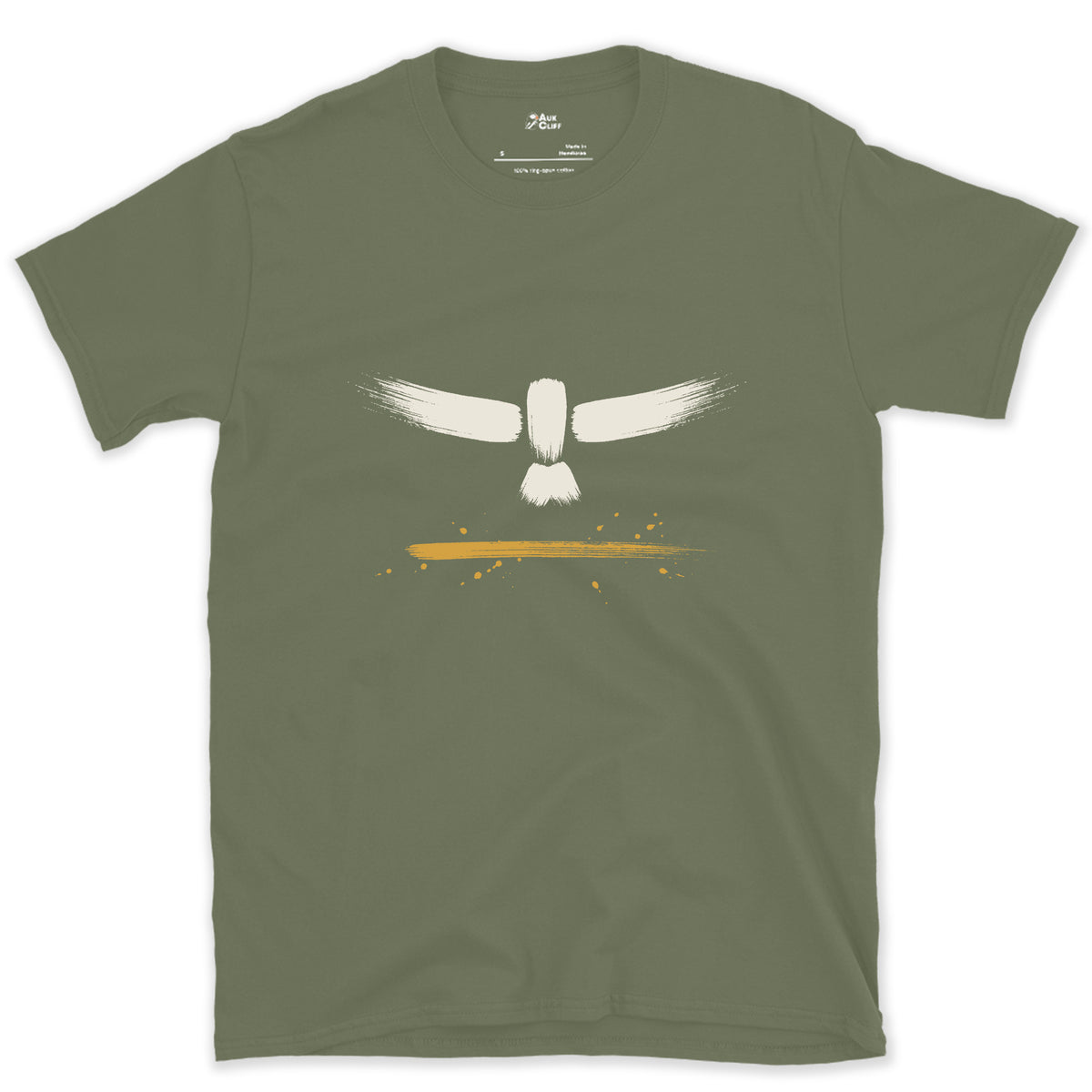 Wings Wide, Face On design on a Military Green Gildan Softstyle t-shirt