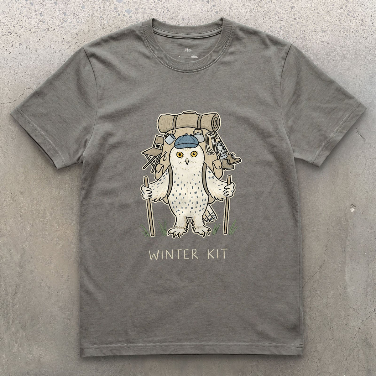 Winter Kit, Snowy Owl Hiker design on a Charcoal Gildan Softstyle t-shirt