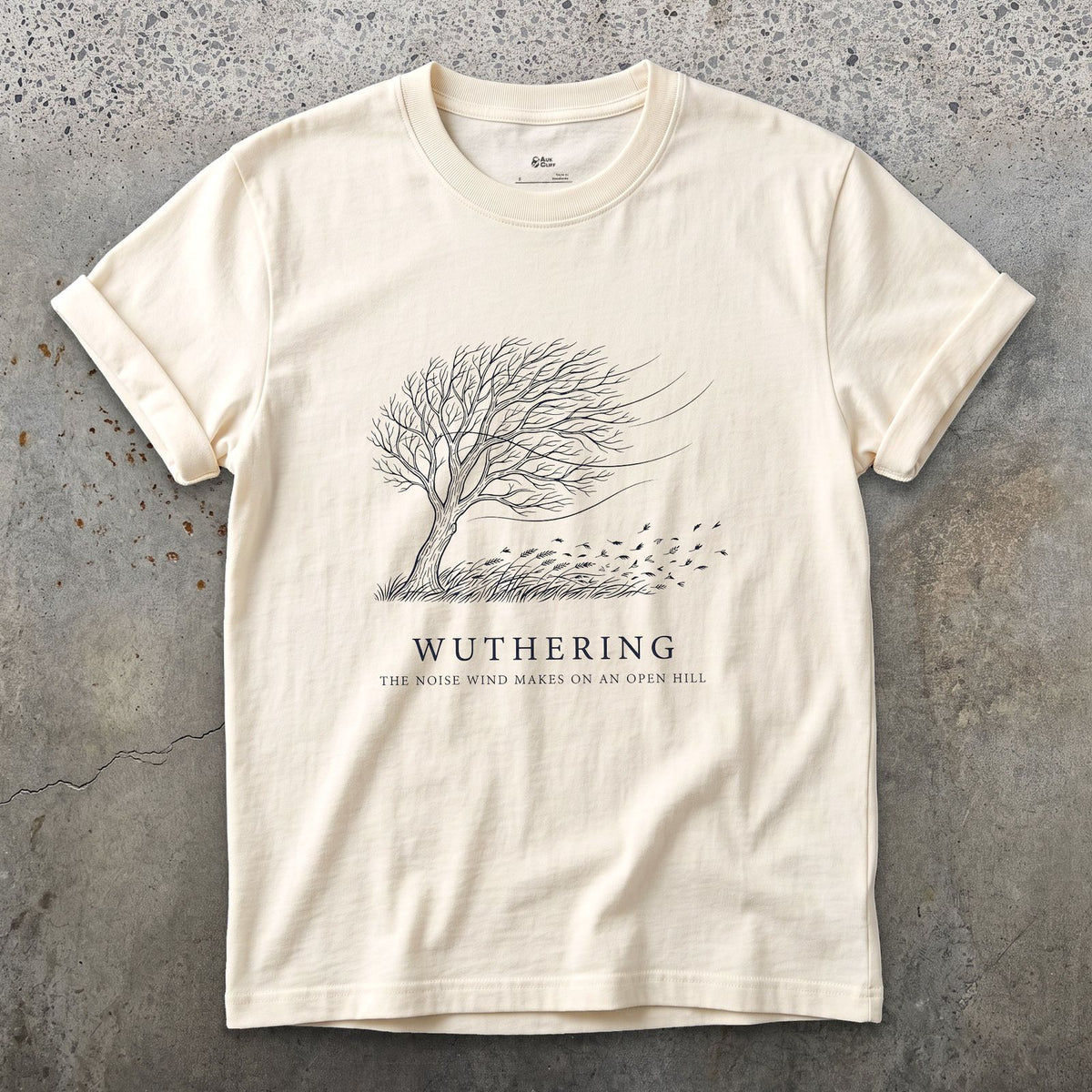 Wuthering, the Noise Wind Makes on an Open Hill design on a Natural Gildan Softstyle t-shirt