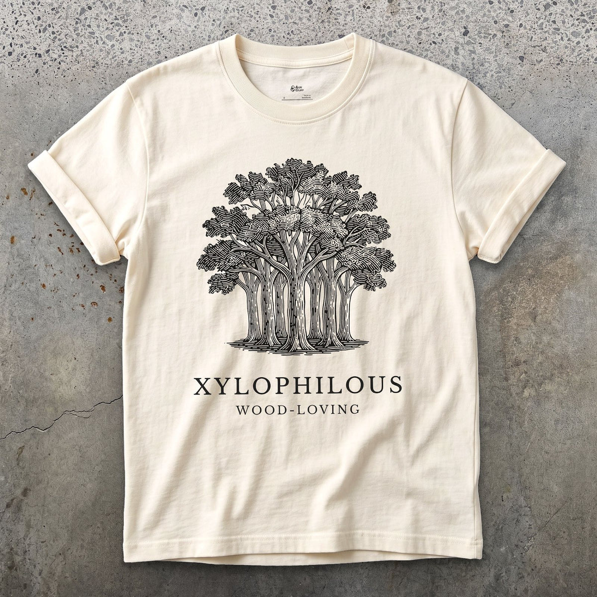 Xylophilous design on a Natural Gildan Softstyle t-shirt