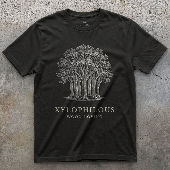 Xylophilous design on a Black Gildan Softstyle t-shirt