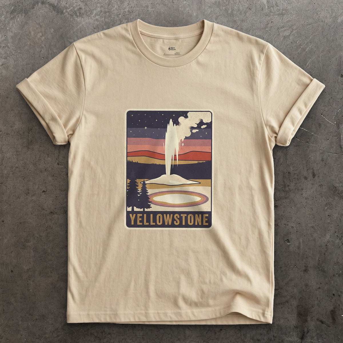 Yellowstone National Park Badge design on a Sand Gildan Softstyle t-shirt