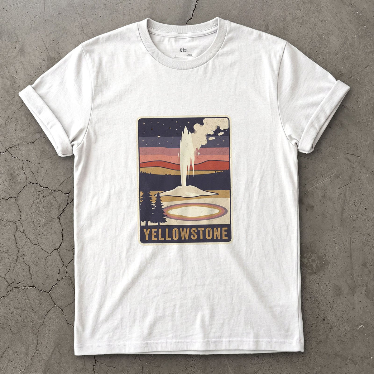 Yellowstone National Park Badge design on a White Gildan Softstyle t-shirt