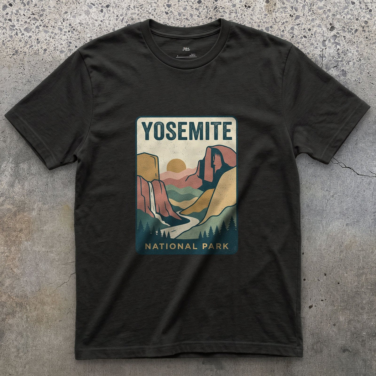Yosemite Waterfall Past the Cliff design on a Black Gildan Softstyle t-shirt