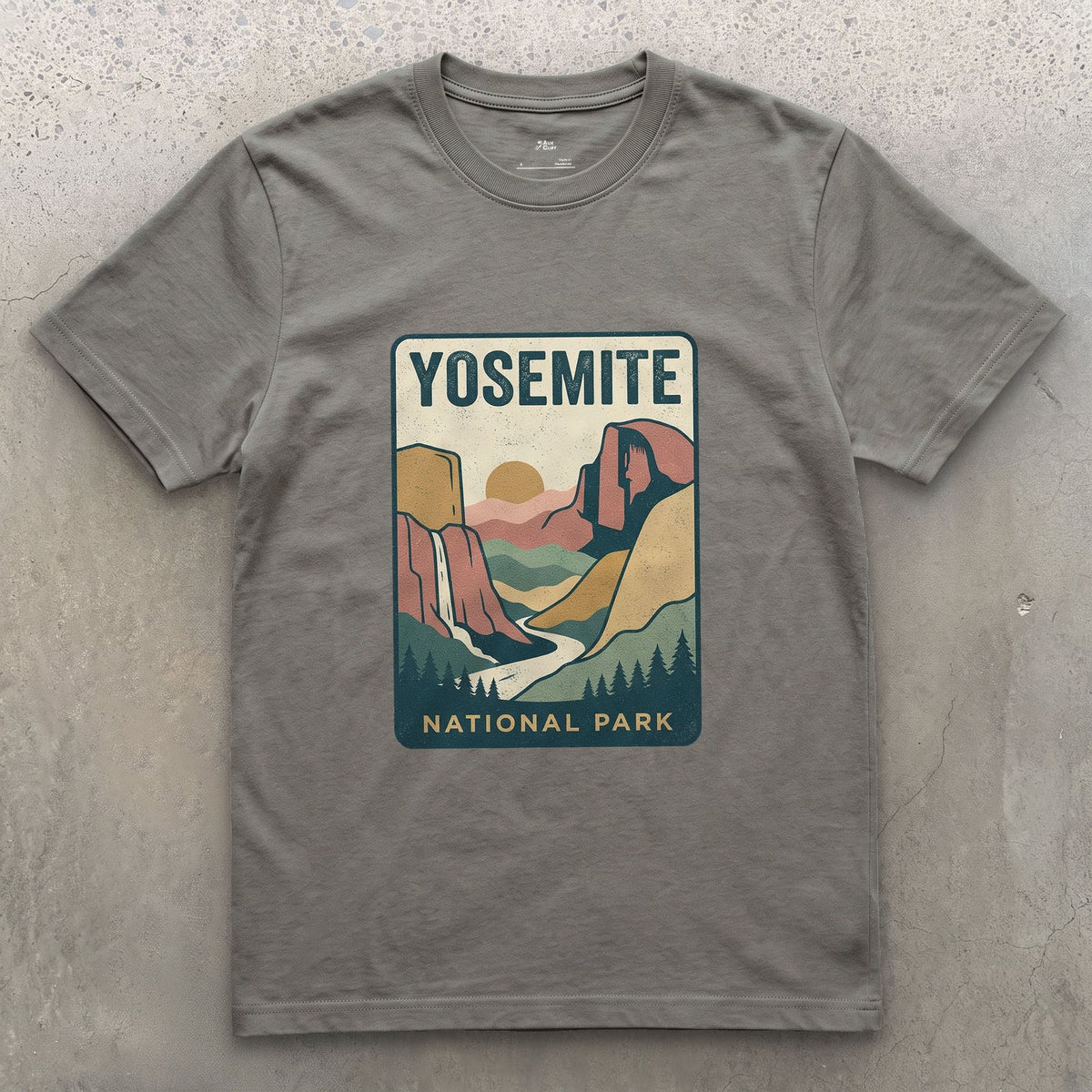 Yosemite Waterfall Past the Cliff design on a Charcoal Gildan Softstyle t-shirt