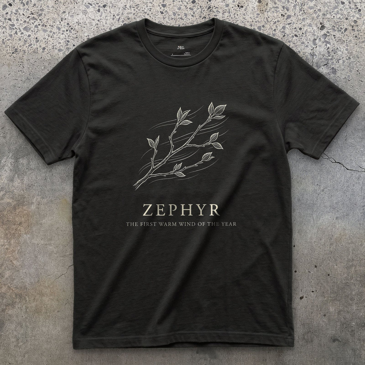 Zephyr, the First Warm Wind of the Year design on a Black Gildan Softstyle t-shirt