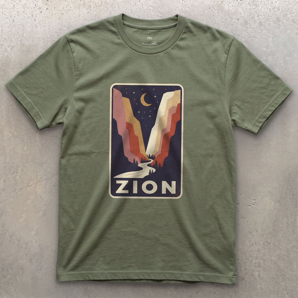 Zion National Park Patch design on a Military Green Gildan Softstyle t-shirt