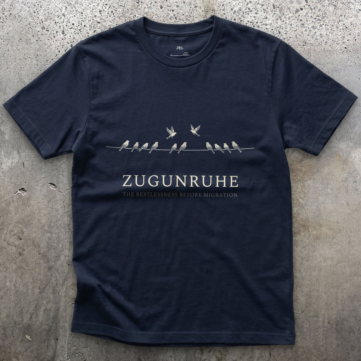 Zugunruhe, the Restlessness Before Migration design on a Navy Gildan Softstyle t-shirt