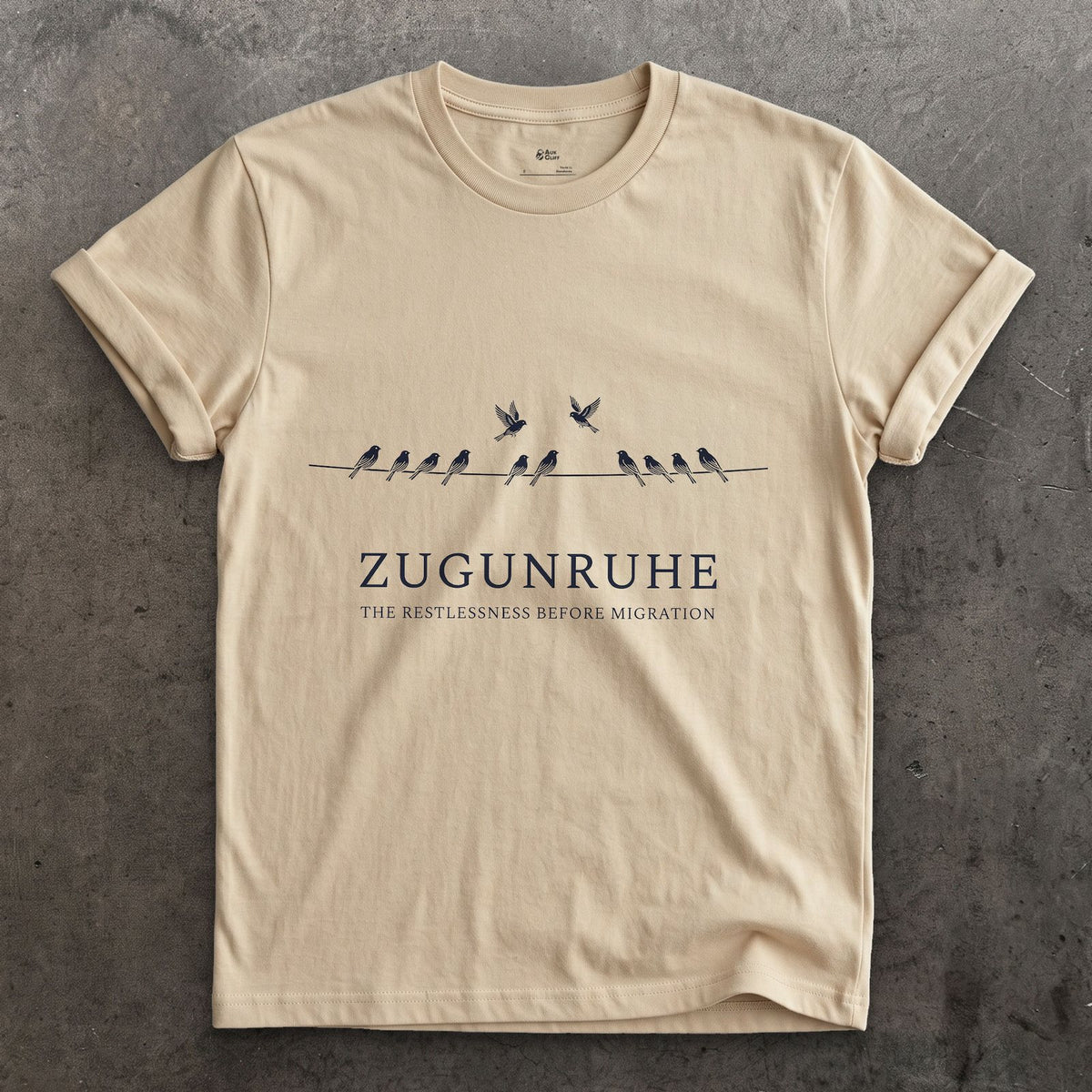 Zugunruhe, the Restlessness Before Migration design on a Sand Gildan Softstyle t-shirt