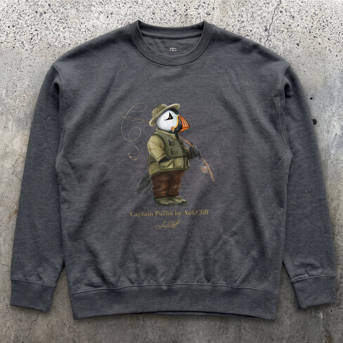 AukCliff Captain Puffin Sweatshirt Charcoal Heather / S Captain Puffin™ Fly Fisherman Sweatshirt