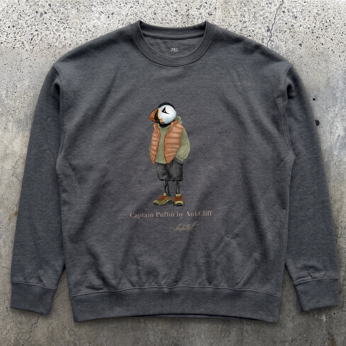 AukCliff® Captain Puffin Sweatshirt Charcoal Heather / S Captain Puffin “New Zealand Tramper” Sweatshirt