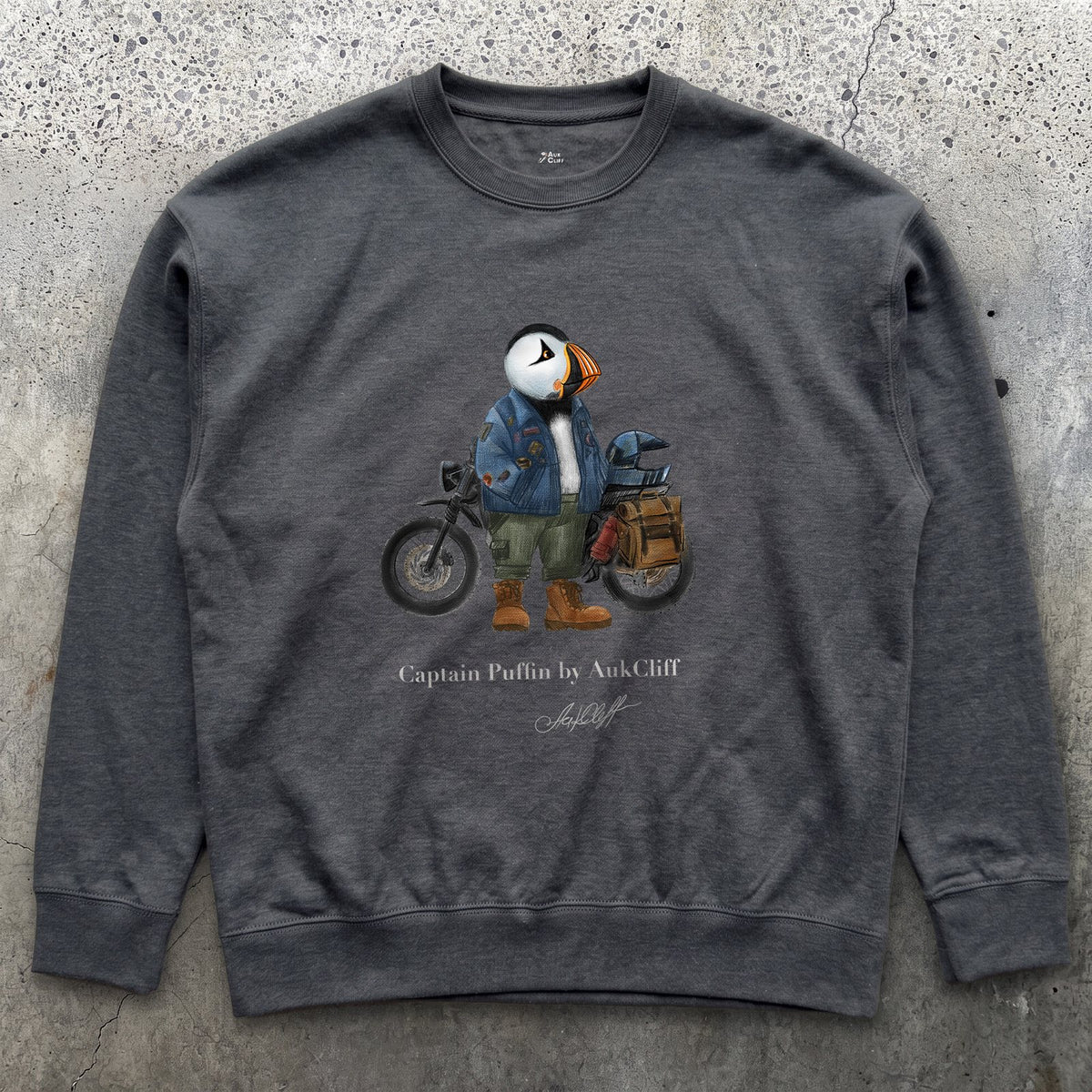 AukCliff Captain Puffin Sweatshirt Charcoal Heather / S Captain Puffin™ “The Adventure Motorcyclist” Sweatshirt