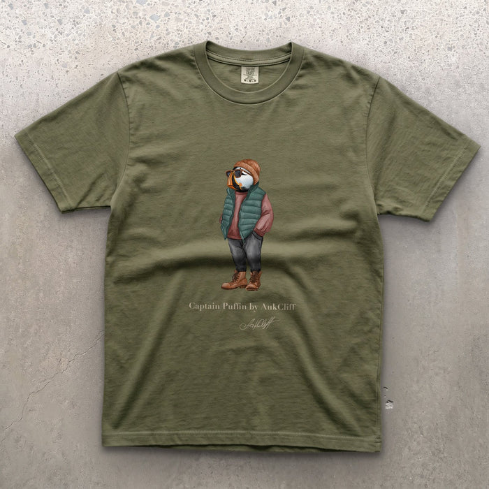 AukCliff® Captain Puffin T-shirt Moss / S Captain Puffin™ “Puffer Vest Nomad” Comfort Colors T-Shirt