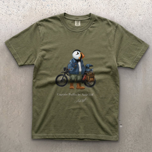 AukCliff Captain Puffin T-shirt Moss / S Captain Puffin™ “The Adventure Motorcyclist” Comfort Colors T-Shirt