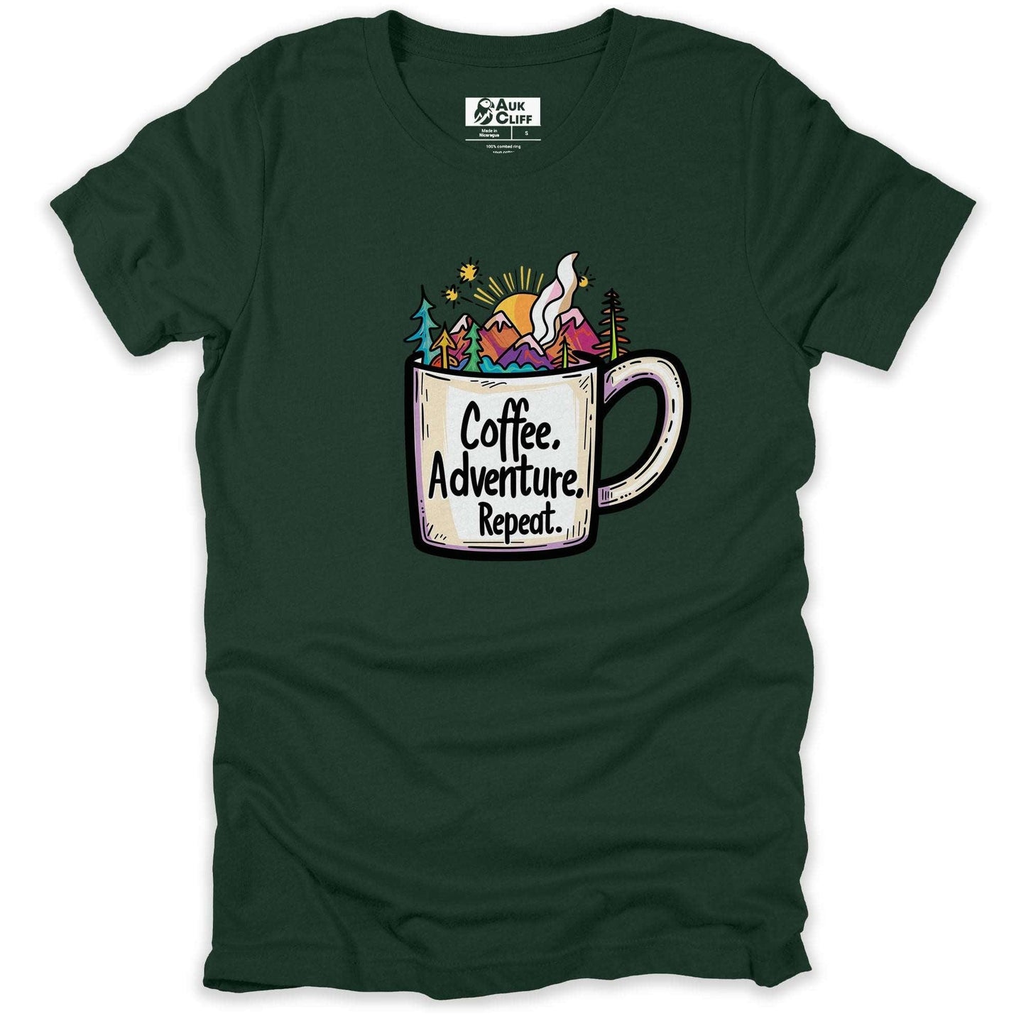 AukCliff Hiking and Camping Graphic Tees Forest / S Coffee, Adventure, Repeat T-shirt