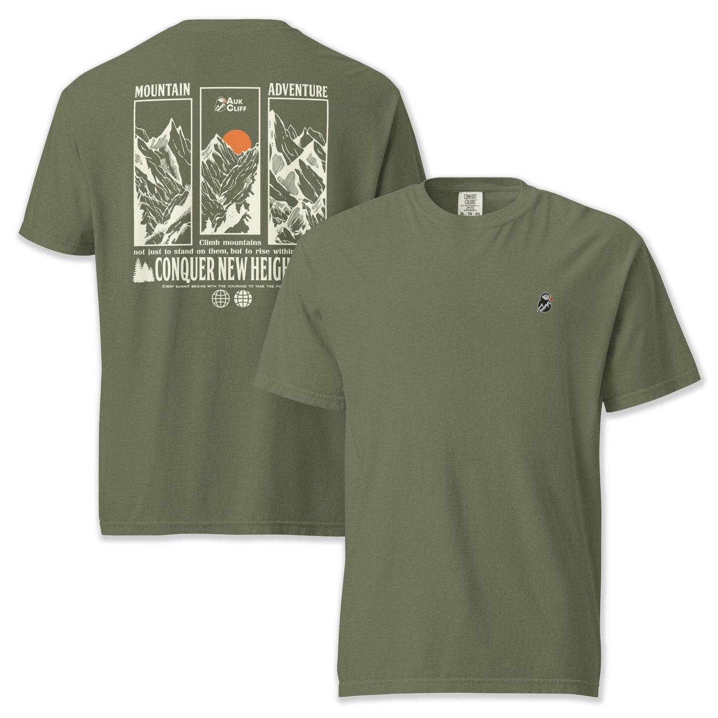 AukCliff Rear Print Comfort Colors T-shirt Moss / S Conquer New Heights Mountain Comfort Colors T-Shirt