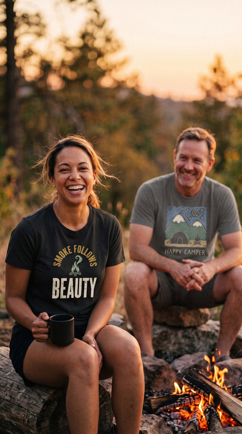 AukCliff t-shirts worn at a campfire in the pines, photo 3