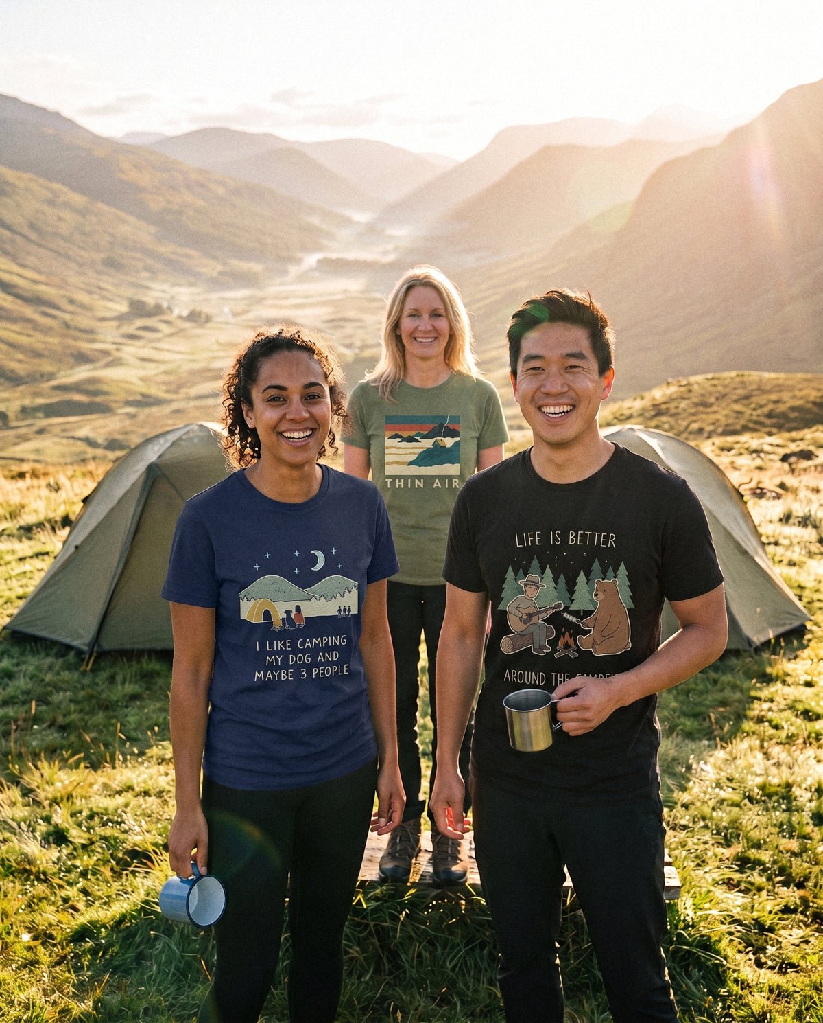 AukCliff t-shirts worn at a morning camp pitch, photo 1
