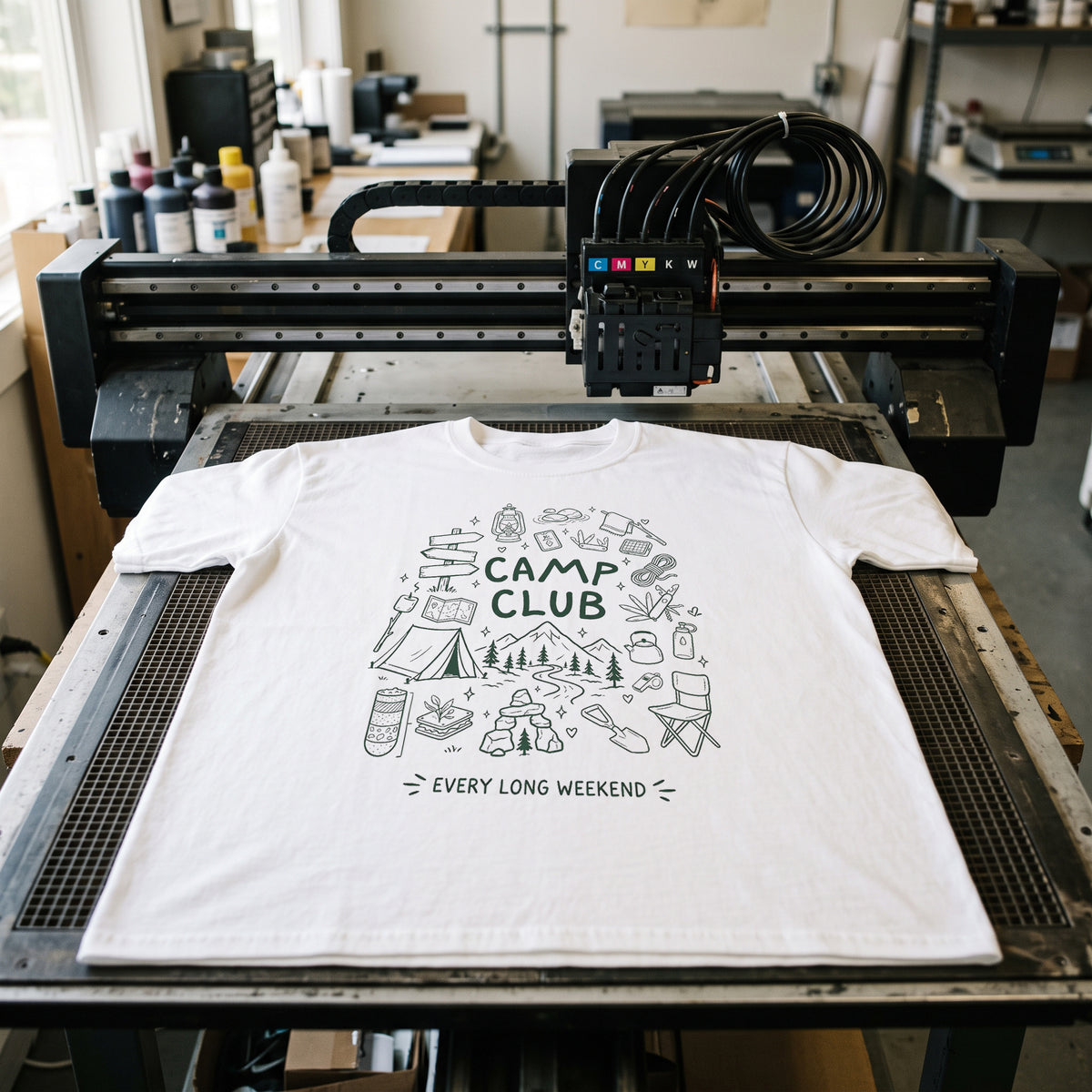 Folded tees on the workshop bench